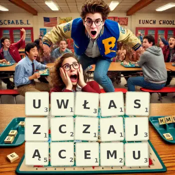 Kreatywna ilustracja do gry w Scrabble ze słowem UWŁASZCZAJĄCEMU ułożonym z płytek na planszy.