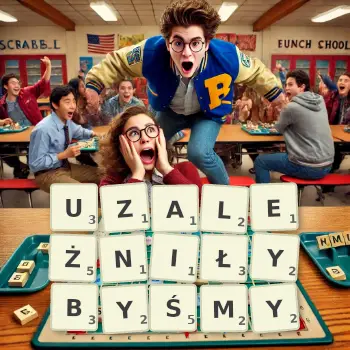 Kreatywna ilustracja do gry w Scrabble ze słowem UZALEŻNIŁYBYŚMY ułożonym z płytek na planszy.