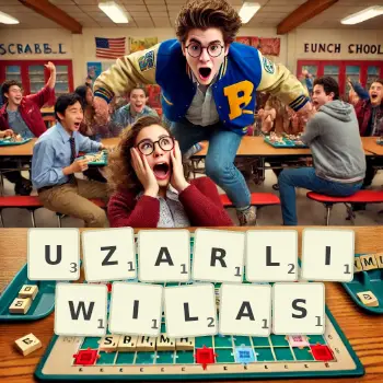 Kreatywna ilustracja do gry w Scrabble ze słowem UZARLIWILAS ułożonym z płytek na planszy.