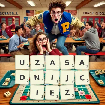 Kreatywna ilustracja do gry w Scrabble ze słowem UZASADNIJCIEŻ ułożonym z płytek na planszy.