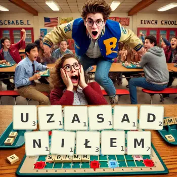 Kreatywna ilustracja do gry w Scrabble ze słowem UZASADNIŁEM ułożonym z płytek na planszy.