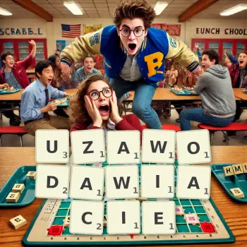 Kreatywna ilustracja do gry w Scrabble ze słowem UZAWODAWIACIE ułożonym z płytek na planszy.