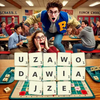 Kreatywna ilustracja do gry w Scrabble ze słowem UZAWODAWIAJZE ułożonym z płytek na planszy.