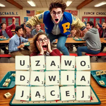 Kreatywna ilustracja do gry w Scrabble ze słowem UZAWODAWIAJĄCEJ ułożonym z płytek na planszy.