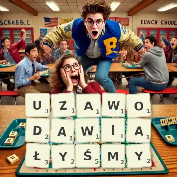 Kreatywna ilustracja do gry w Scrabble ze słowem UZAWODAWIAŁYŚMY ułożonym z płytek na planszy.