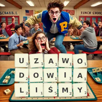 Kreatywna ilustracja do gry w Scrabble ze słowem UZAWODOWIALIŚMY ułożonym z płytek na planszy.