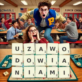 Kreatywna ilustracja do gry w Scrabble ze słowem UZAWODOWIANIAMI ułożonym z płytek na planszy.