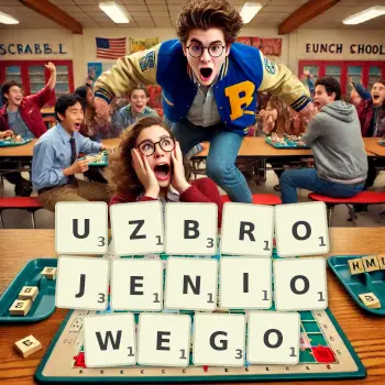 Kreatywna ilustracja do gry w Scrabble ze słowem UZBROJENIOWEGO ułożonym z płytek na planszy.