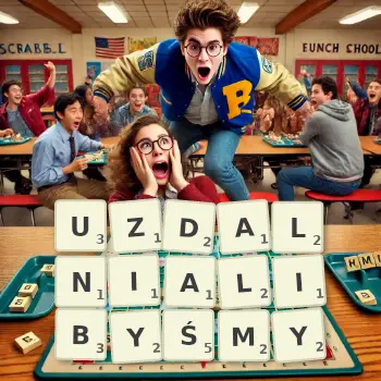 Kreatywna ilustracja do gry w Scrabble ze słowem UZDALNIALIBYŚMY ułożonym z płytek na planszy.