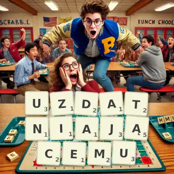 Kreatywna ilustracja do gry w Scrabble ze słowem UZDATNIAJĄCEMU ułożonym z płytek na planszy.