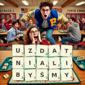 Kreatywna ilustracja do gry w Scrabble ze słowem UZDATNIALIBYŚMY ułożonym z płytek na planszy.