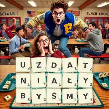 Kreatywna ilustracja do gry w Scrabble ze słowem UZDATNIAŁYBYŚMY ułożonym z płytek na planszy.