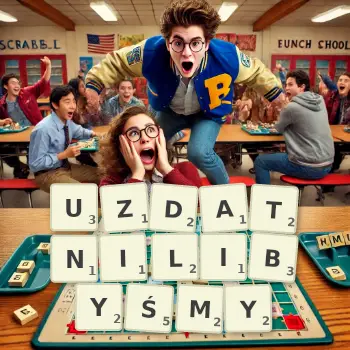 Kreatywna ilustracja do gry w Scrabble ze słowem UZDATNILIBYŚMY ułożonym z płytek na planszy.