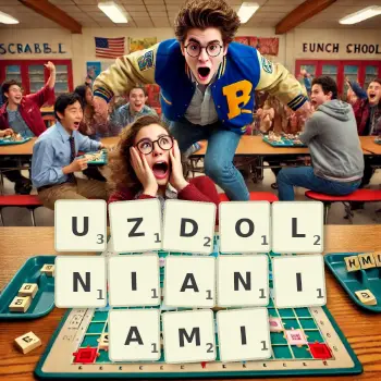 Kreatywna ilustracja do gry w Scrabble ze słowem UZDOLNIANIAMI ułożonym z płytek na planszy.