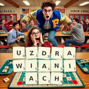 Kreatywna ilustracja do gry w Scrabble ze słowem UZDRAWIANIACH ułożonym z płytek na planszy.