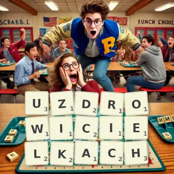 Kreatywna ilustracja do gry w Scrabble ze słowem UZDROWICIELKACH ułożonym z płytek na planszy.