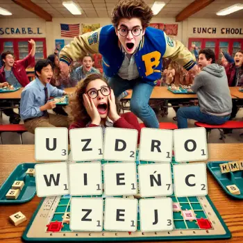 Kreatywna ilustracja do gry w Scrabble ze słowem UZDROWIEŃCZEJ ułożonym z płytek na planszy.