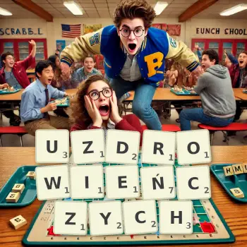 Kreatywna ilustracja do gry w Scrabble ze słowem UZDROWIEŃCZYCH ułożonym z płytek na planszy.