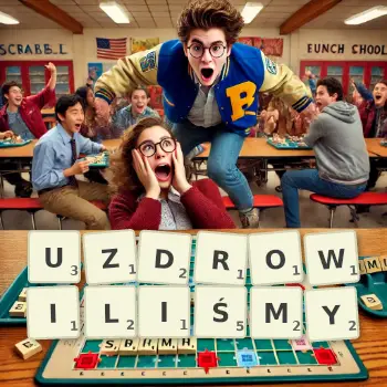 Kreatywna ilustracja do gry w Scrabble ze słowem UZDROWILIŚMY ułożonym z płytek na planszy.