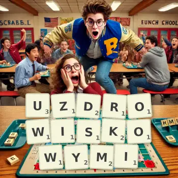 Kreatywna ilustracja do gry w Scrabble ze słowem UZDROWISKOWYMI ułożonym z płytek na planszy.