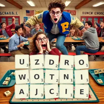 Kreatywna ilustracja do gry w Scrabble ze słowem UZDROWOTNIAJCIE ułożonym z płytek na planszy.