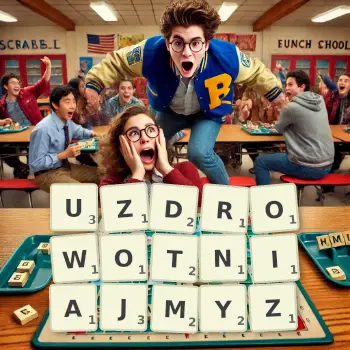 Kreatywna ilustracja do gry w Scrabble ze słowem UZDROWOTNIAJMYZ ułożonym z płytek na planszy.