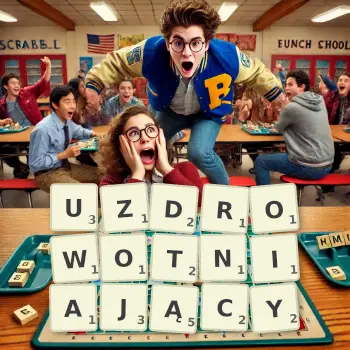 Kreatywna ilustracja do gry w Scrabble ze słowem UZDROWOTNIAJĄCY ułożonym z płytek na planszy.