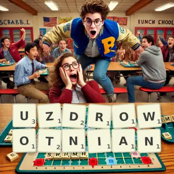 Kreatywna ilustracja do gry w Scrabble ze słowem UZDROWOTNIAN ułożonym z płytek na planszy.