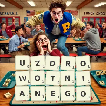 Kreatywna ilustracja do gry w Scrabble ze słowem UZDROWOTNIANEGO ułożonym z płytek na planszy.