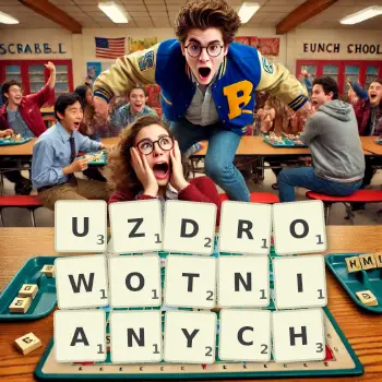 Kreatywna ilustracja do gry w Scrabble ze słowem UZDROWOTNIANYCH ułożonym z płytek na planszy.