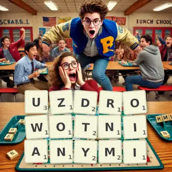 Kreatywna ilustracja do gry w Scrabble ze słowem UZDROWOTNIANYMI ułożonym z płytek na planszy.