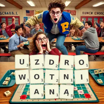 Kreatywna ilustracja do gry w Scrabble ze słowem UZDROWOTNIANĄ ułożonym z płytek na planszy.