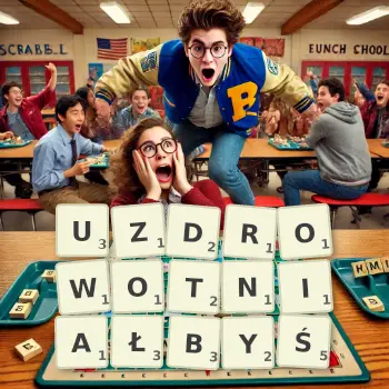 Kreatywna ilustracja do gry w Scrabble ze słowem UZDROWOTNIAŁBYŚ ułożonym z płytek na planszy.