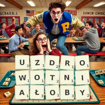 Kreatywna ilustracja do gry w Scrabble ze słowem UZDROWOTNIAŁOBY ułożonym z płytek na planszy.