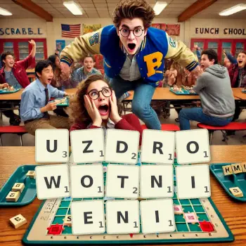 Kreatywna ilustracja do gry w Scrabble ze słowem UZDROWOTNIENI ułożonym z płytek na planszy.