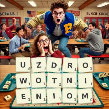 Kreatywna ilustracja do gry w Scrabble ze słowem UZDROWOTNIENIOM ułożonym z płytek na planszy.