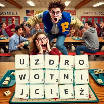 Kreatywna ilustracja do gry w Scrabble ze słowem UZDROWOTNIJCIEŻ ułożonym z płytek na planszy.