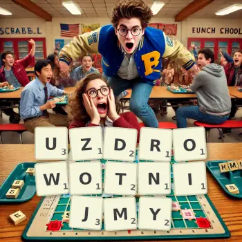 Kreatywna ilustracja do gry w Scrabble ze słowem UZDROWOTNIJMY ułożonym z płytek na planszy.