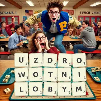 Kreatywna ilustracja do gry w Scrabble ze słowem UZDROWOTNILOBYM ułożonym z płytek na planszy.