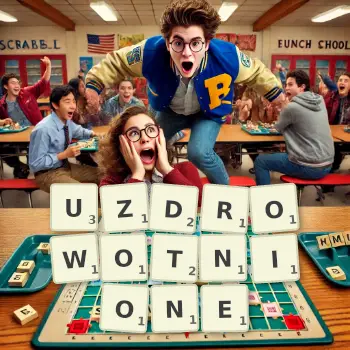 Kreatywna ilustracja do gry w Scrabble ze słowem UZDROWOTNIONE ułożonym z płytek na planszy.