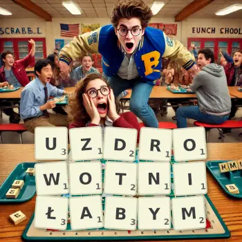 Kreatywna ilustracja do gry w Scrabble ze słowem UZDROWOTNIŁABYM ułożonym z płytek na planszy.