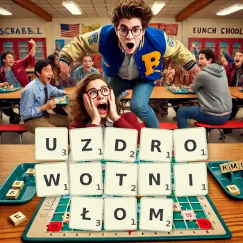 Kreatywna ilustracja do gry w Scrabble ze słowem UZDROWOTNIŁOM ułożonym z płytek na planszy.