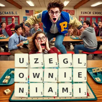 Kreatywna ilustracja do gry w Scrabble ze słowem UZEGLOWNIENIAMI ułożonym z płytek na planszy.