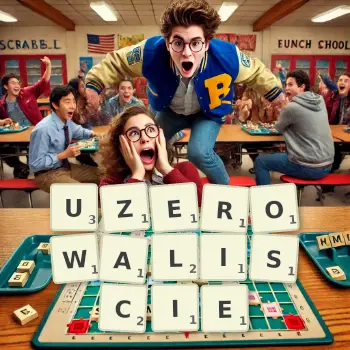 Kreatywna ilustracja do gry w Scrabble ze słowem UZEROWALISCIE ułożonym z płytek na planszy.