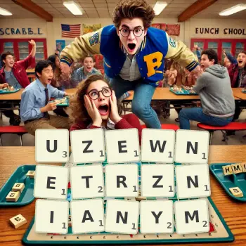 Kreatywna ilustracja do gry w Scrabble ze słowem UZEWNETRZNIANYM ułożonym z płytek na planszy.