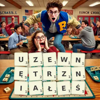 Kreatywna ilustracja do gry w Scrabble ze słowem UZEWNĘTRZNIAŁEŚ ułożonym z płytek na planszy.