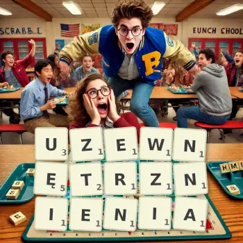 Kreatywna ilustracja do gry w Scrabble ze słowem UZEWNĘTRZNIENIA ułożonym z płytek na planszy.