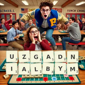 Kreatywna ilustracja do gry w Scrabble ze słowem UZGADNIALBYM ułożonym z płytek na planszy.