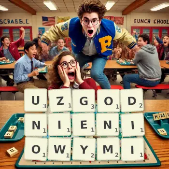 Kreatywna ilustracja do gry w Scrabble ze słowem UZGODNIENIOWYMI ułożonym z płytek na planszy.