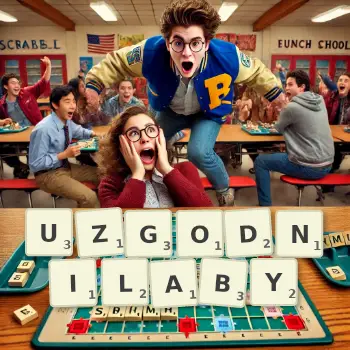 Kreatywna ilustracja do gry w Scrabble ze słowem UZGODNILABY ułożonym z płytek na planszy.